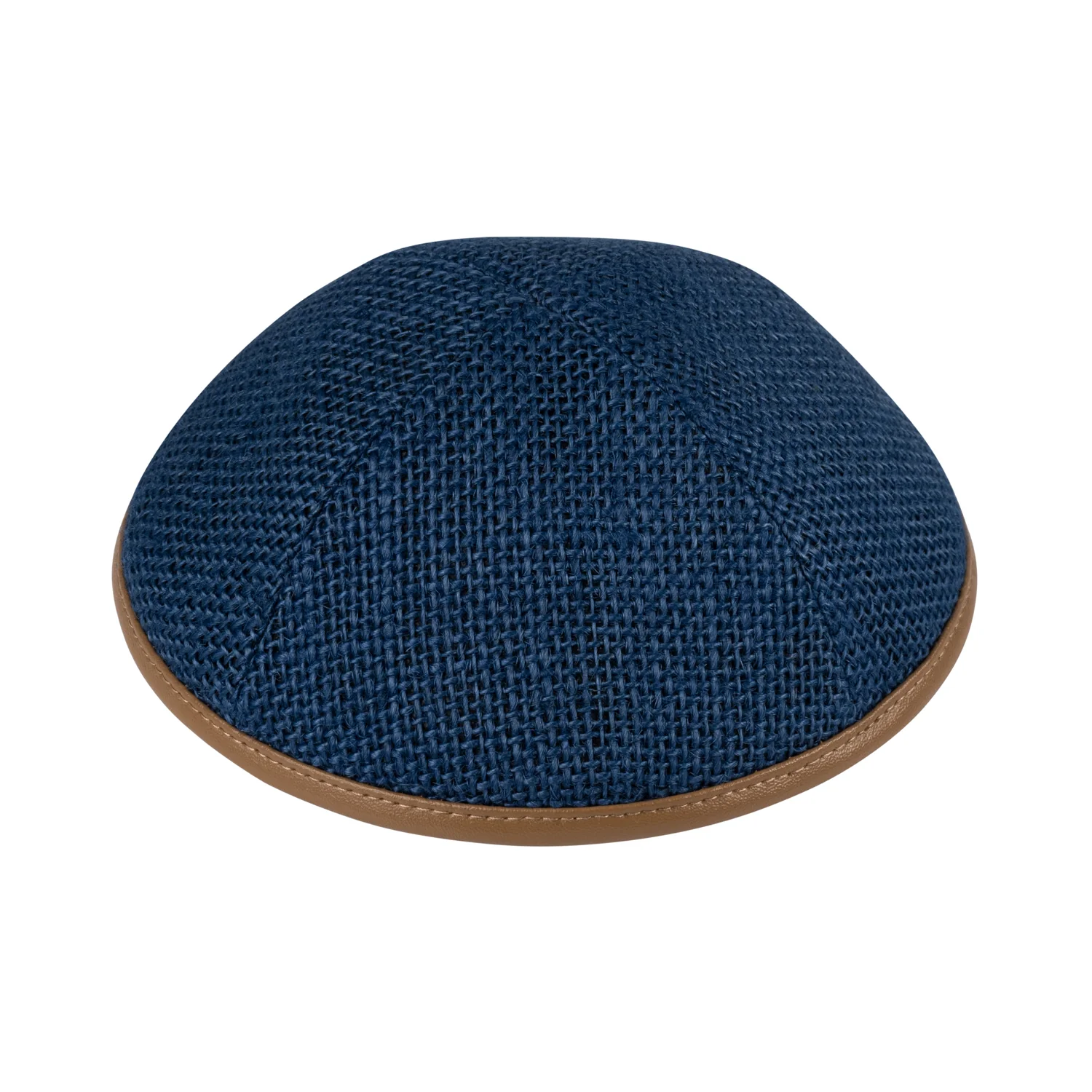 IKIPPAH NAVY BURLAP W/ CAMEL LEATHER RIM YARMULKE - Image 2