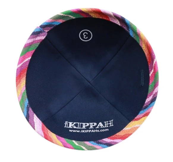 IKIPPAH NAVY VELVET W/ COLORFUL RIM YARMULKE - Image 3